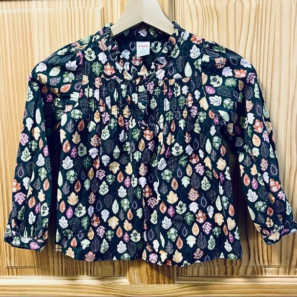 Gymboree dark grey multi colored fall leaf print ruffle front long sleeve top 6 - Picture 1 of 6